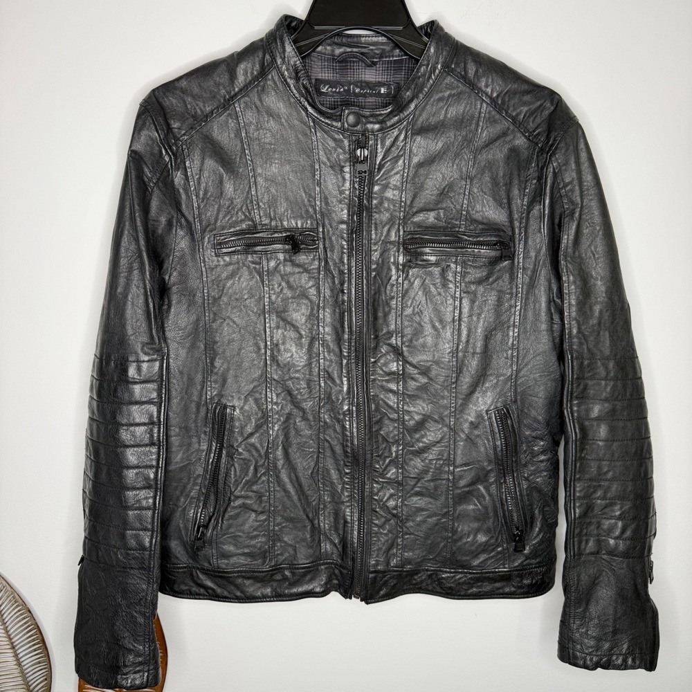BB Levi's Capital E 2000's Cafe Motorcycle Flannel Plaid‎ Lined Leather Jacket L